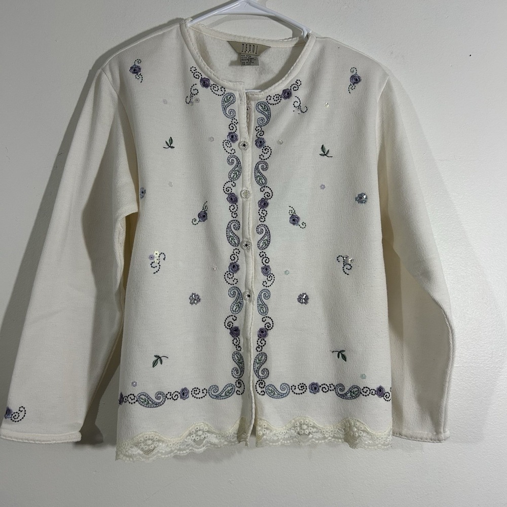 Teddi Petite Floral Embroidered Top Cárdigan Sweater White V Neck Vintage Small